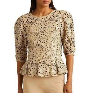 LAUREN RALPH LAUREN Floral-cutout Lambskin Blouse In Pale Parchment